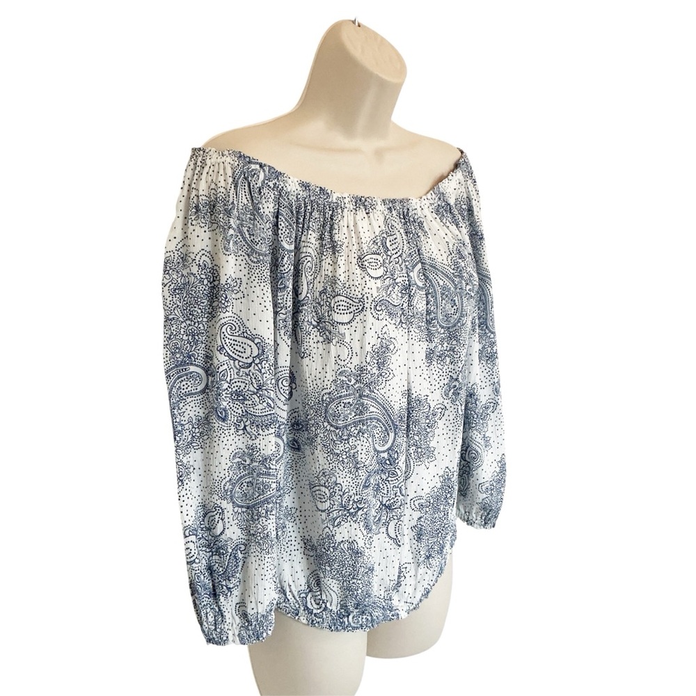 NWOT Tommy Hilfiger Blue Paisley Off the Shoulder Long Balloon Sleeves Top M - Picture 1 of 8